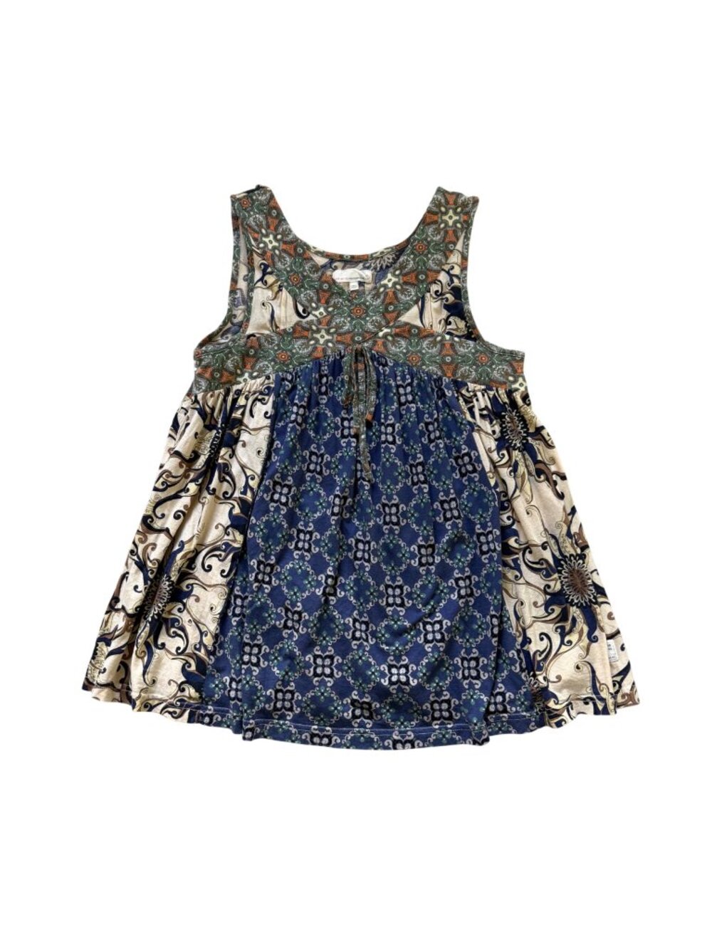 Odd Molly Women's Sleeveless Top Sz 1 Boho Indie Patchwork Paisley Blue Beige